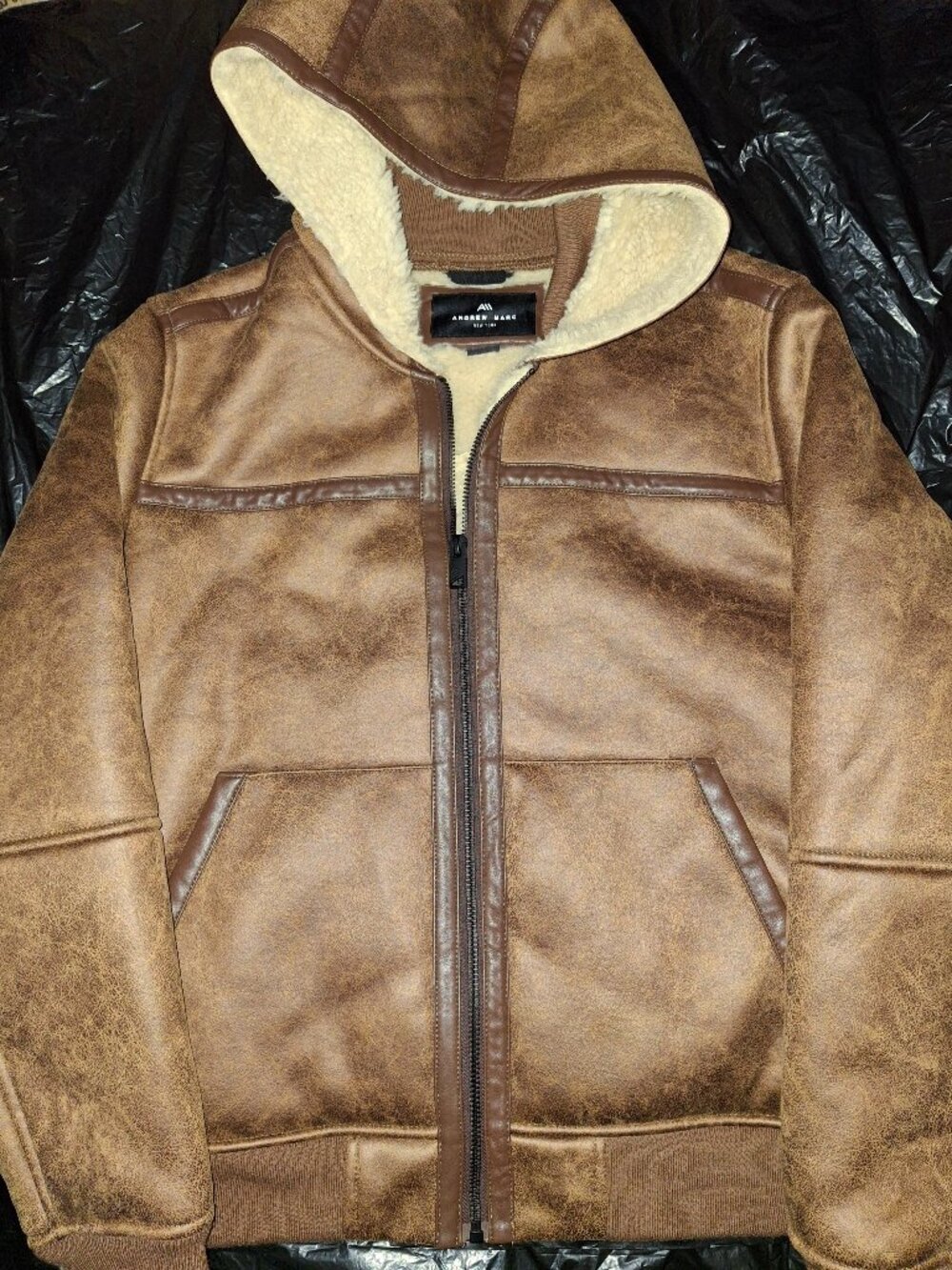 Andrew Marc Shearling Fur-Lined Zip-Up Faux Leather Jacket Mens Small